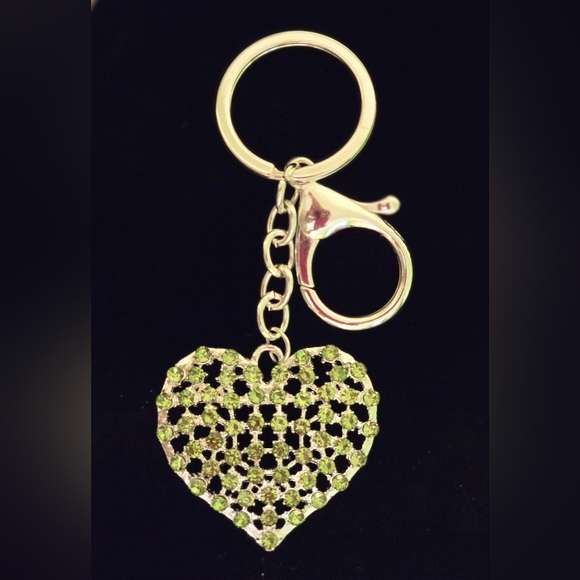 Elegant Silver Heart Bag Charm Or Key Chain with Light Green Crystals NWT - Picture 1 of 1